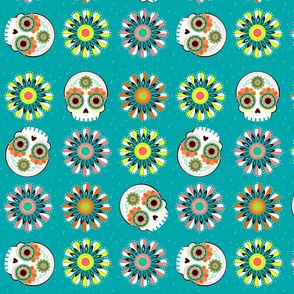 Flowers and Sugar Skulls on Teal