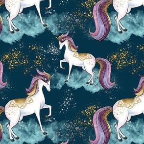 Starlight Unicorns on Shimmering Clouds Blue