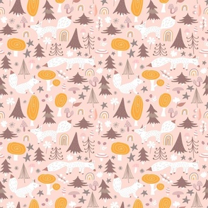Foxes m - woodland baby nursery print in blush, orange and brown