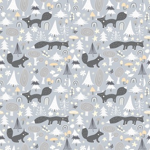 Foxes on gray m - winter woodland animals print, christmas xmas fabric and wallpaper