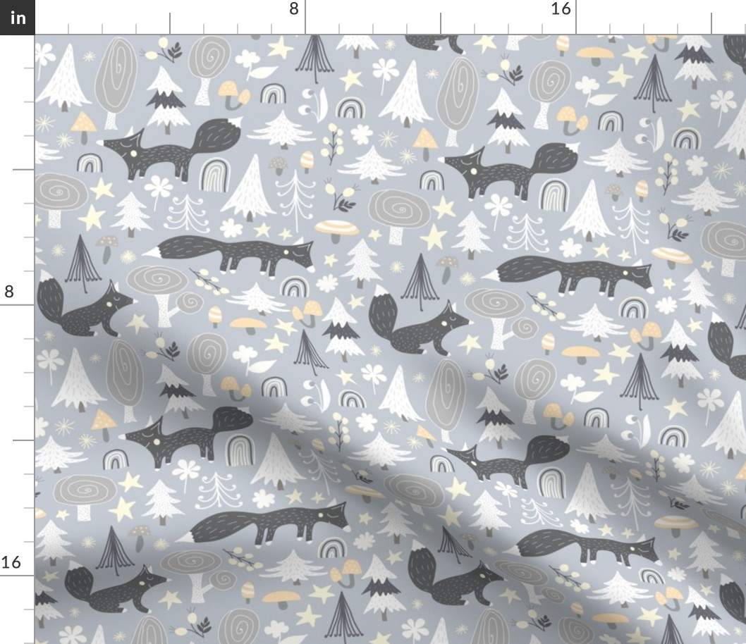 Foxes on gray m - winter woodland animals print, christmas xmas fabric and wallpaper