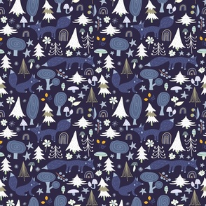 Foxes in navy m - winter woodland animals print, christmas xmas fabric and wallpaper