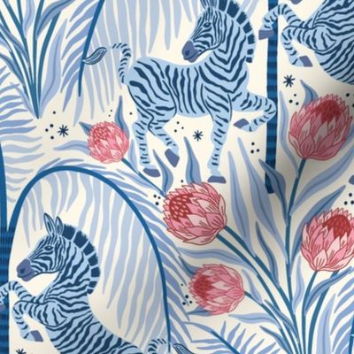 zebra and protea / blue / large