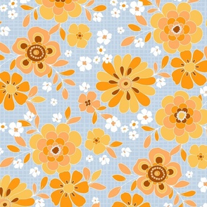 Marigold Retro 70s cottagecore Large Scale Orange yellow brown on blue by Jac Slade