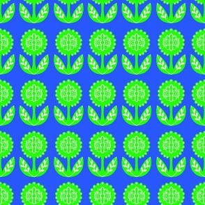 Retro Scandinavian Flowers - Lime Green on Blue