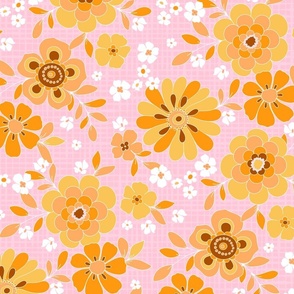 Marigold Retro 70s cottagecore Large Scale Orange yellow brown on pink by Jac Slade