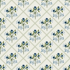 Vintage 1940s Folk Art Floral in Blue, Green and Cream Paducaru