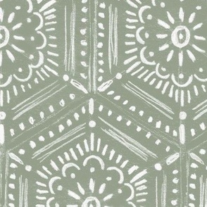 flower motif bohemian honeycomb tile sage green LARGE 