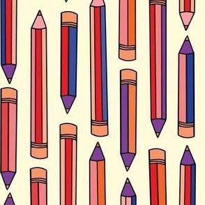 Pencil parade Back to School in bright primary colors of blues, purples and reds  - for school attire, backpacks, lunchboxes, pencil cases, cute pouches and more.