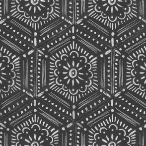 Charcoal boho hex hand drawn classic neutral floral motif tile