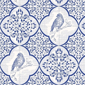 blue mediterranean tiles with birds - medium scale