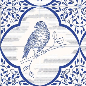 blue mediterranean tiles with birds -  large size