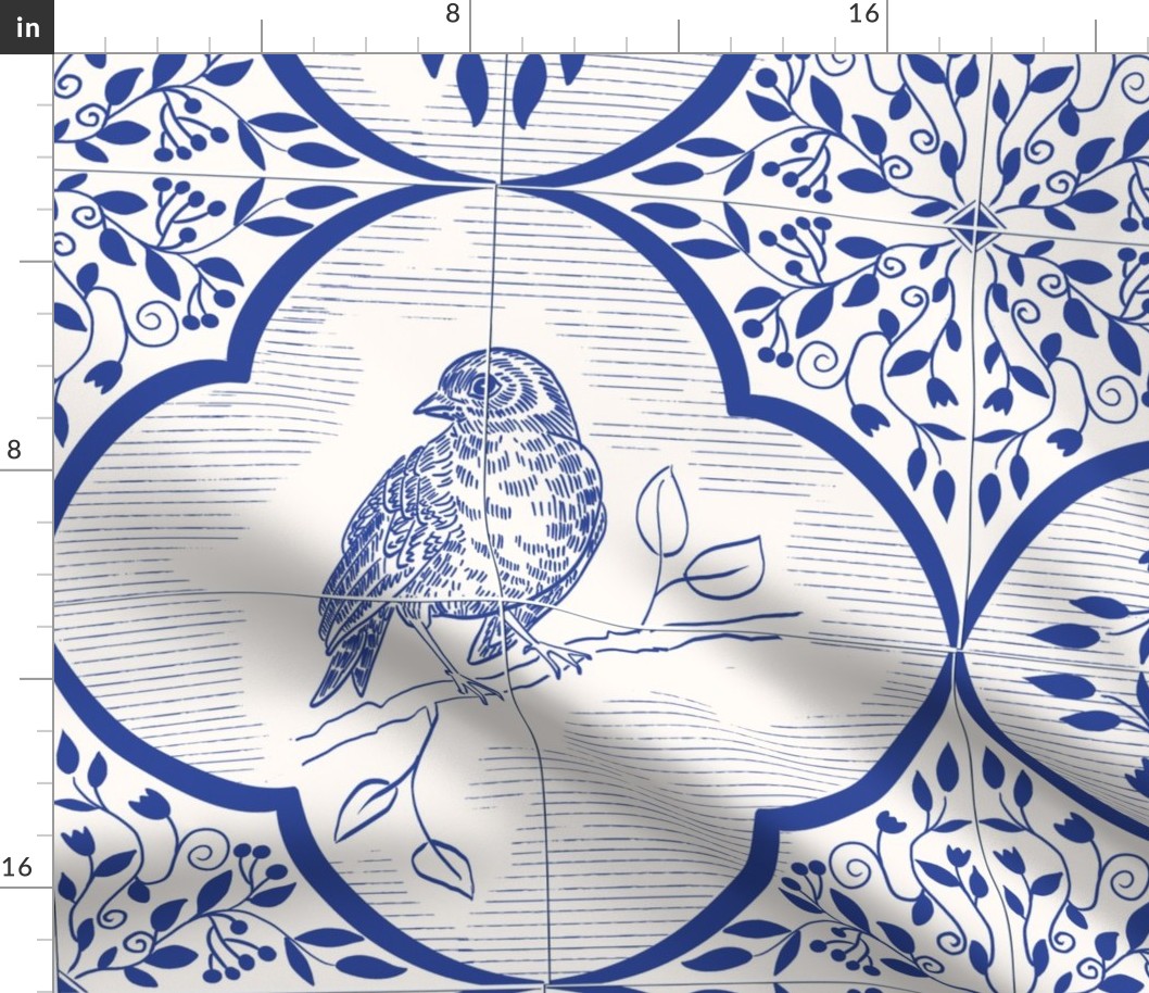 blue mediterranean tiles with birds -  large size