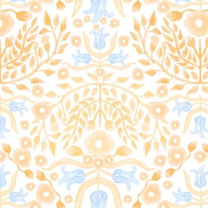 dense floral damask in peach / cantaloupe + baby blue | foliage and blue bells in pastel palette | large