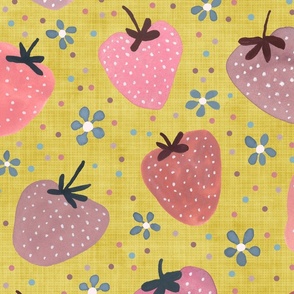 Vintage Style Hand Painted Strawberries with dots - Large Scale - Strawberry Yellow Pink