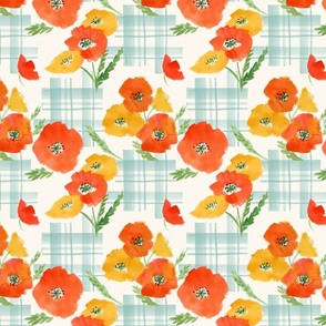 80's Poppies Blue Gingham