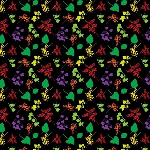 Yellow, Orange Red, Purple and Green Leaves and Ferns on Black Background
