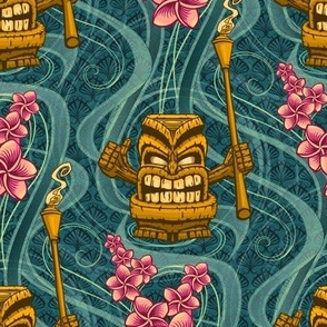 ★ TIKI NIGHT ★ Teal Green - Medium Scale / Collection : Hawaiian Trip - Plumeria & Tiki for Aloha Shirt Prints