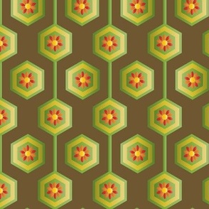 Vintage Hexagon Flowers-Green