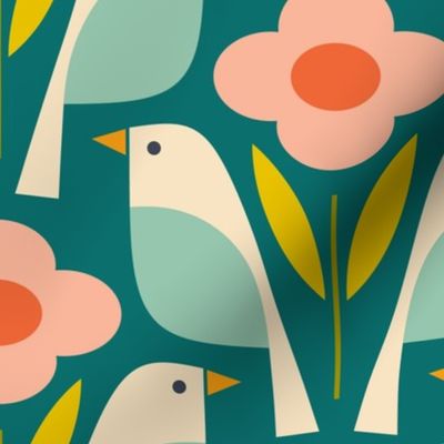 Birds In The Daisies - Teal and Pink