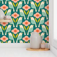 Birds In The Daisies - Teal and Pink Wallpaper | Spoonflower