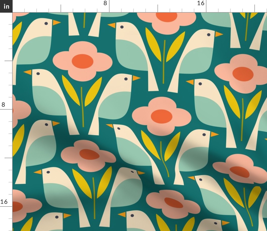 Birds In The Daisies - Teal and Pink