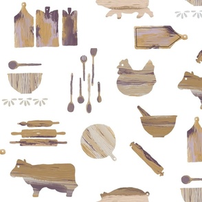 Farmhouse kitchen_nostalgia_wood chopping boards and utensils on white background 