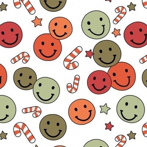 Happy holidays smiley christmas with smileys candy canes and stars retro style seasonal design vintage red orange mint green olive on white