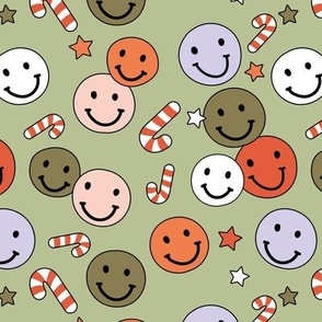 Happy holidays smiley christmas with smileys candy canes and stars retro style seasonal design vintage red lilac blush on sage green olive