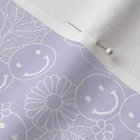 The minimalist - Smileys and daisy flowers summer floral garden happy smiley faces boho retro kids design white outline on lilac purple 