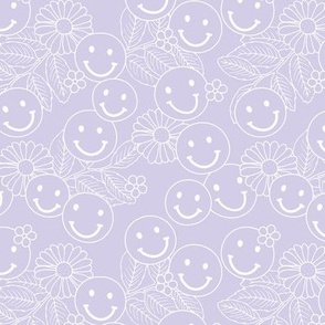 The minimalist - Smileys and daisy flowers summer floral garden happy smiley faces boho retro kids design white outline on lilac purple 