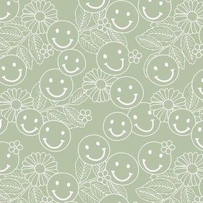 The minimalist - Smileys and daisy flowers summer floral garden happy smiley faces boho retro kids design white outline on matcha green 