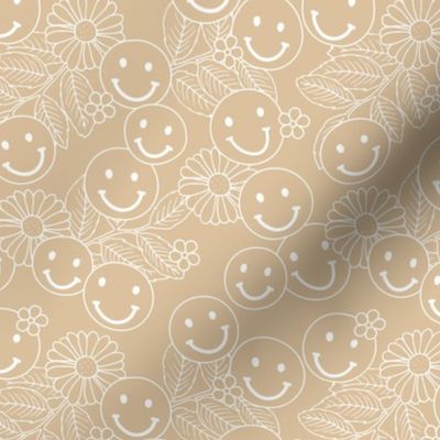 The minimalist - Smileys and daisy flowers summer floral garden happy smiley faces boho retro kids design white outline on camel beige