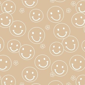 Minimalist boho style smileys and little butter cup flowers seventies vintage design beige camel tan