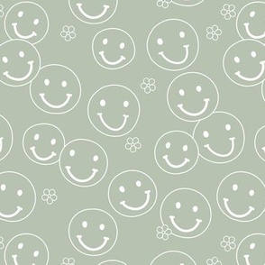 Minimalist boho style smileys and little butter cup flowers seventies vintage design sage green