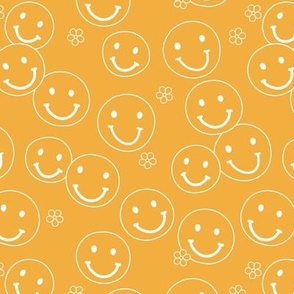 Minimalist boho style smileys and little butter cup flowers seventies vintage design sunny yellow