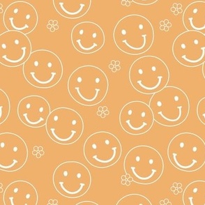 Minimalist boho style smileys and little butter cup flowers seventies vintage design vintage yellow