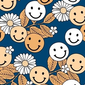 Smileys and daisy flowers summer floral garden happy smiley faces boho retro kids design yellow butter white on navy