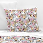 Smileys and daisy flowers summer floral garden happy smiley faces boho retro kids design yellow pink on ice blue