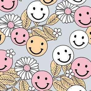 Smileys and daisy flowers summer floral garden happy smiley faces boho retro kids design yellow pink on ice blue