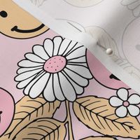 Smileys and daisy flowers summer floral garden happy smiley faces boho retro kids design yellow pink on blush girls