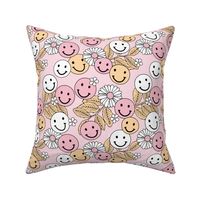 Smileys and daisy flowers summer floral garden happy smiley faces boho retro kids design yellow pink on blush girls