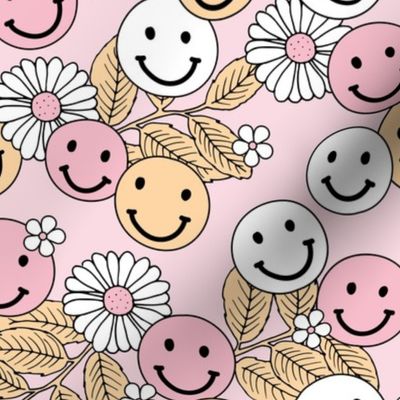 Smileys and daisy flowers summer floral garden happy smiley faces boho retro kids design yellow pink on blush girls