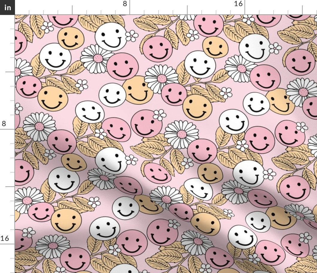 Smileys and daisy flowers summer floral garden happy smiley faces boho retro kids design yellow pink on blush girls