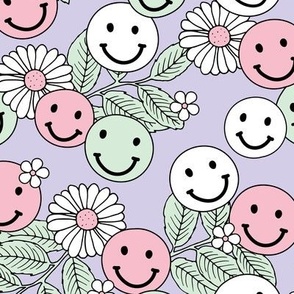 Smileys and daisy flowers summer floral garden happy smiley faces boho retro kids design mint pink on lilac purple girls