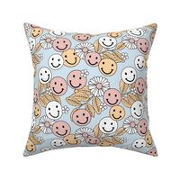 Smileys and daisy flowers summer floral garden happy smiley faces boho retro kids design yellow blush pink on baby blue