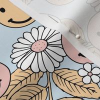 Smileys and daisy flowers summer floral garden happy smiley faces boho retro kids design yellow blush pink on baby blue