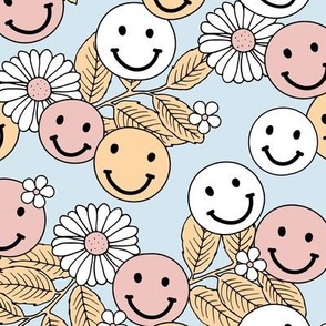 Smileys and daisy flowers summer floral garden happy smiley faces boho retro kids design yellow blush pink on baby blue