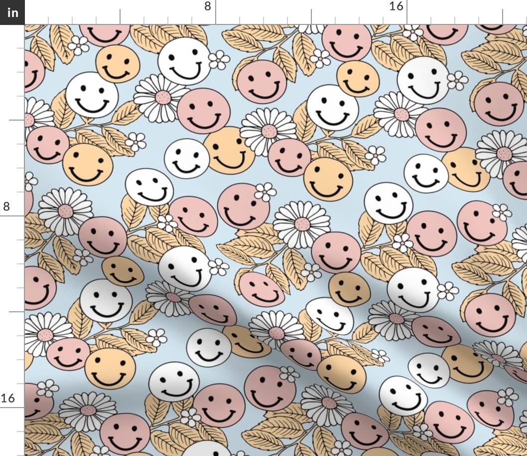 Smileys and daisy flowers summer floral garden happy smiley faces boho retro kids design yellow blush pink on baby blue