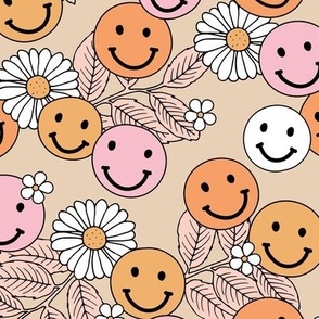 Smileys and daisy flowers summer floral garden happy smiley faces boho retro kids design orange yellow pink on tan camel